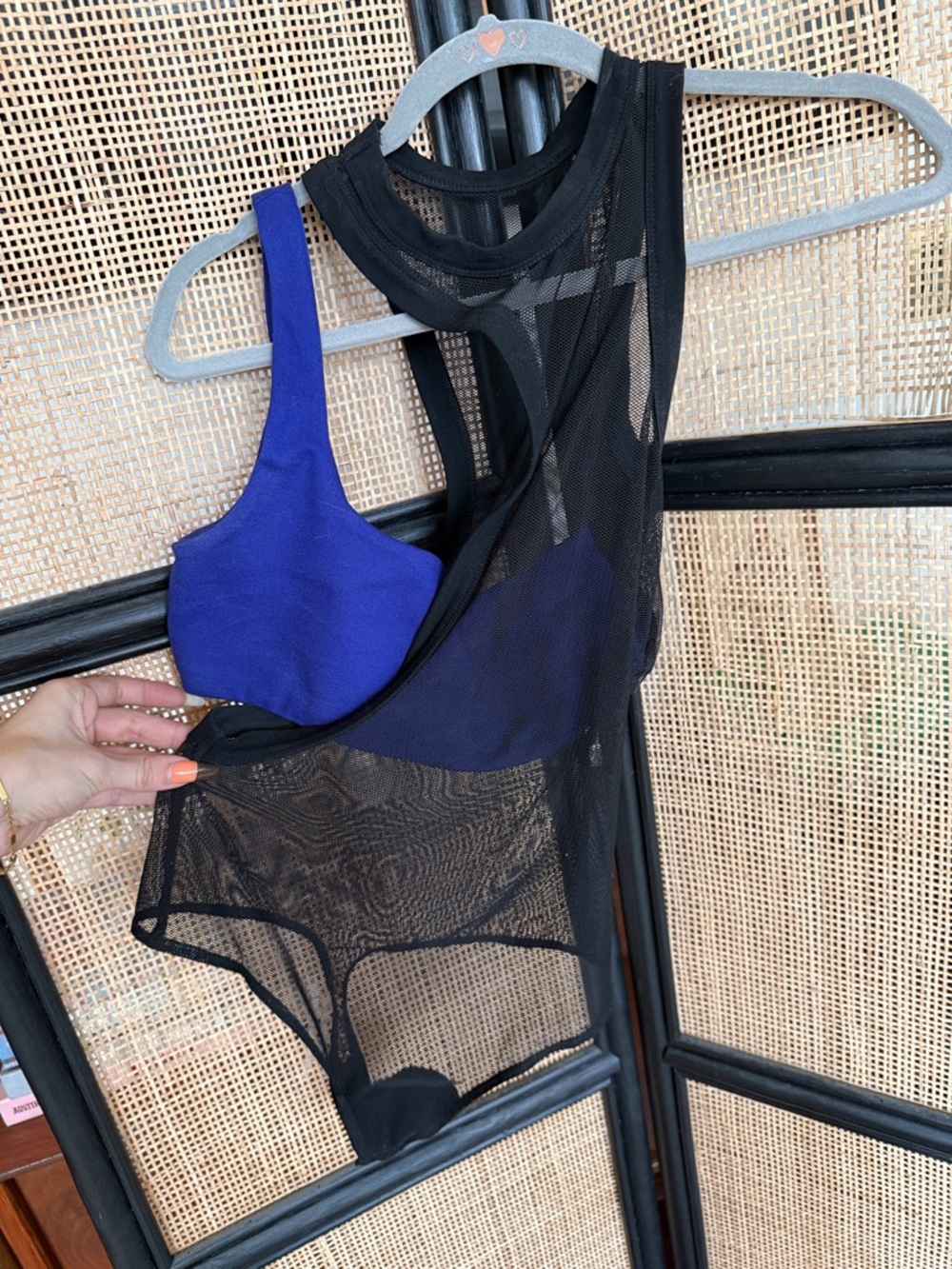 REVOLVE Black Sheer Mesh Bodysuit with Royal Blue Bra Insert